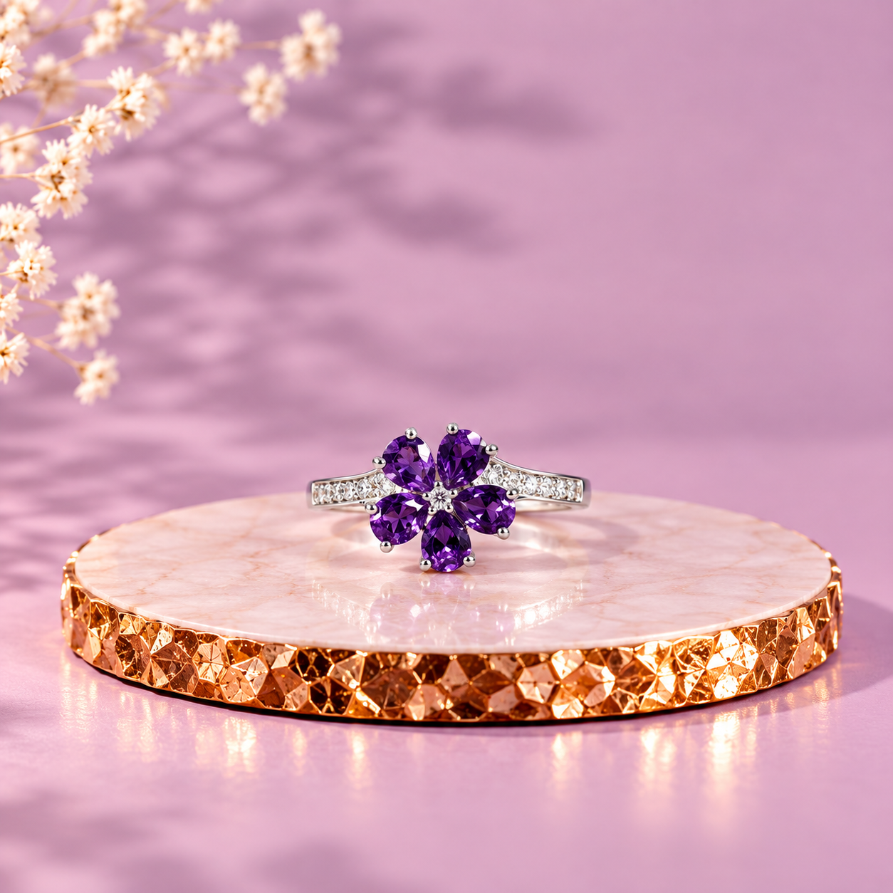 Amethyst Crystal 92.5 Sterling Silver Flower Ring
