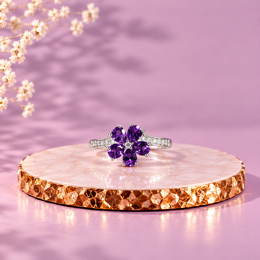 Amethyst Crystal 92.5 Sterling Silver Flower Ring