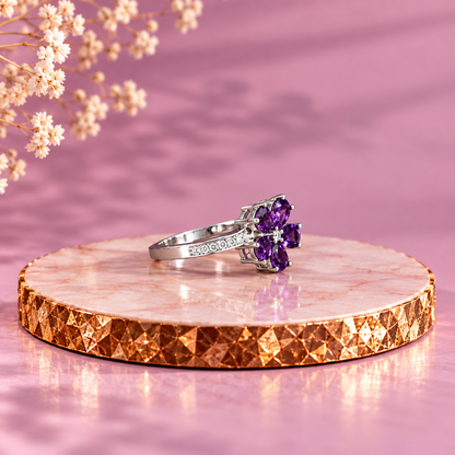 Amethyst Crystal 92.5 Sterling Silver Flower Ring