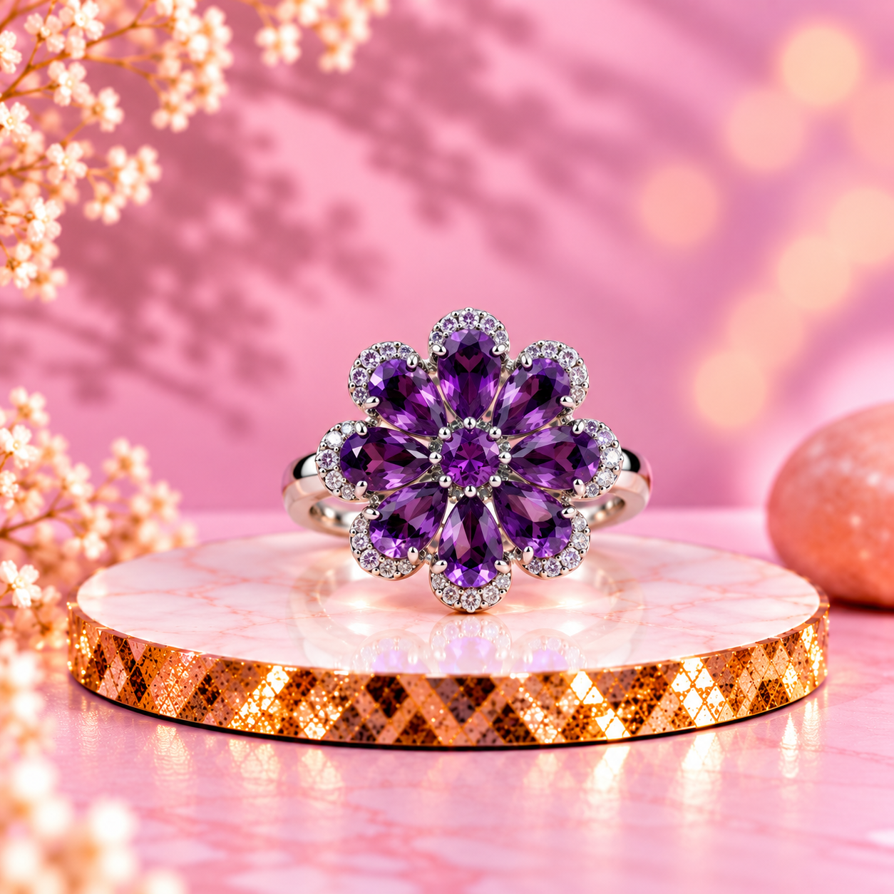 Amethyst Crystal 92.5 Sterling Silver Blossom Cocktail Ring
