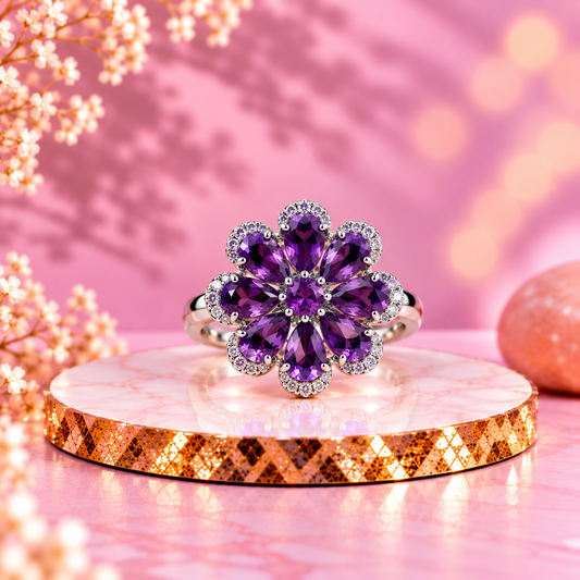 Amethyst Crystal 92.5 Sterling Silver Blossom Cocktail Ring