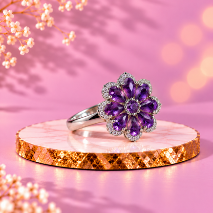 Amethyst Crystal 92.5 Sterling Silver Blossom Cocktail Ring