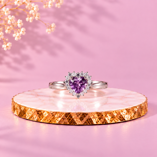 Amethyst Crystal 92.5 Sterling Silver Heart Halo Ring