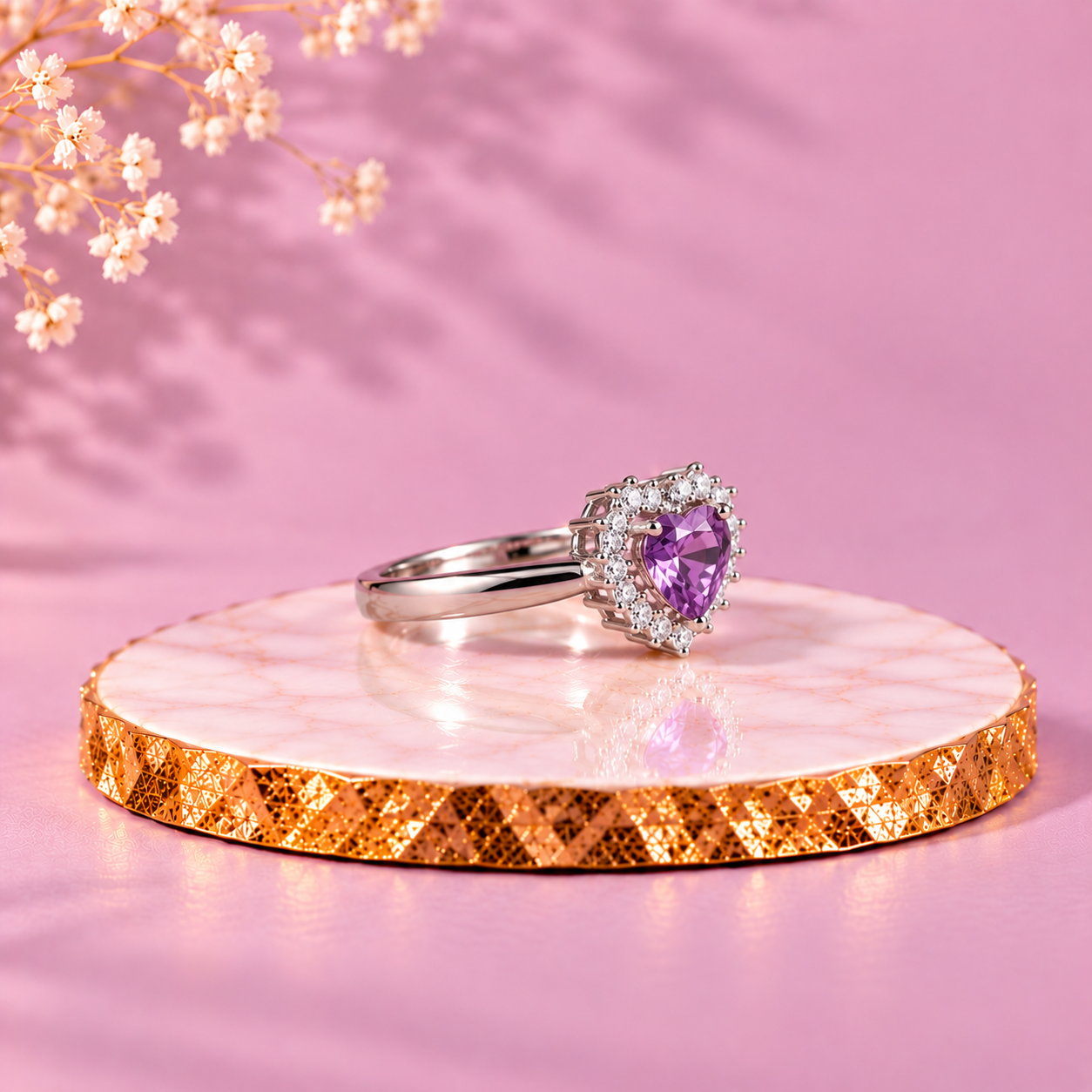 Amethyst Crystal 92.5 Sterling Silver Heart Halo Ring