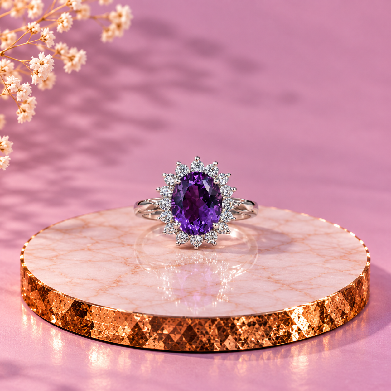 Amethyst Crystal 92.5 Sterling Silver Oval Halo Ring
