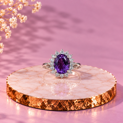 Amethyst Crystal 92.5 Sterling Silver Oval Halo Ring