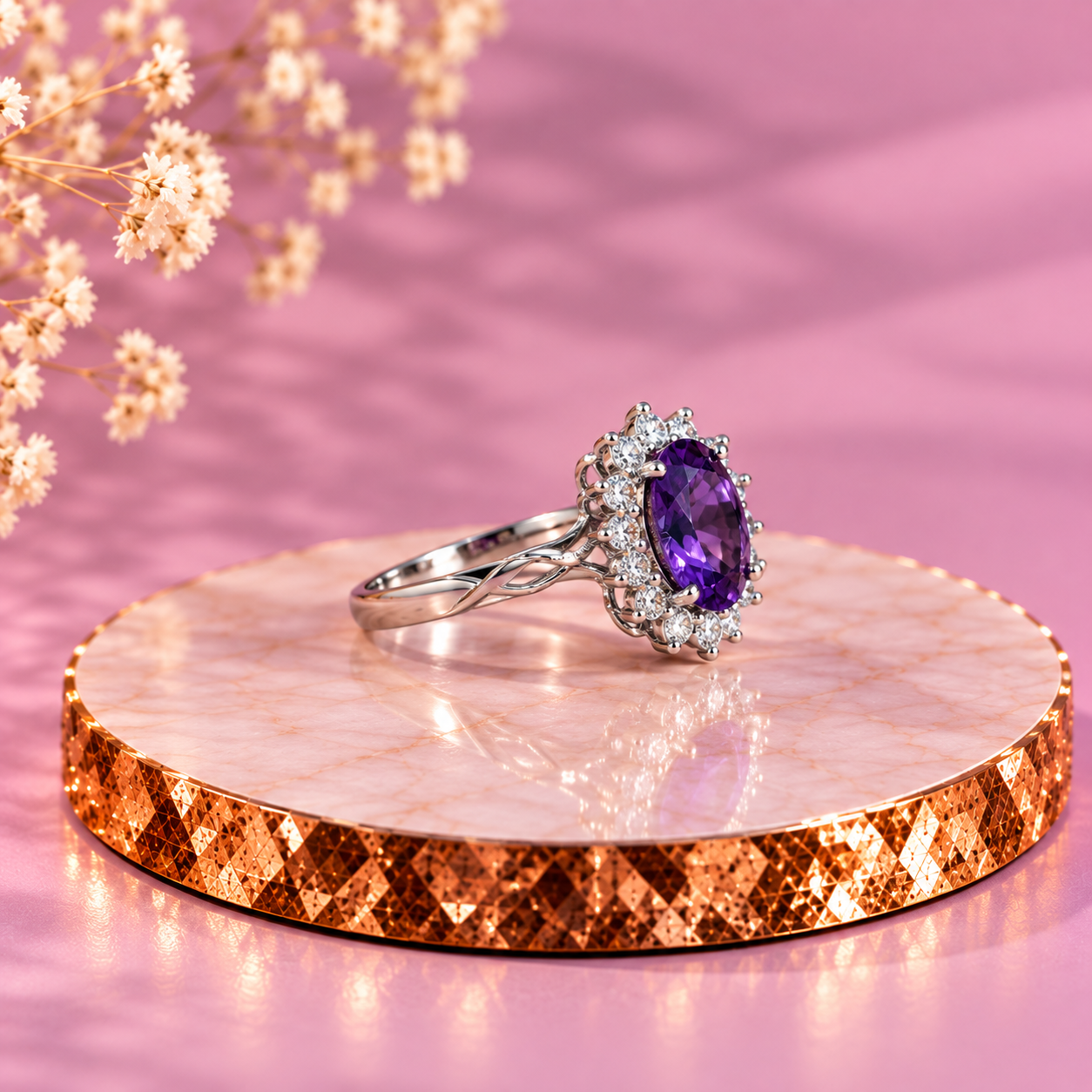 Amethyst Crystal 92.5 Sterling Silver Oval Halo Ring