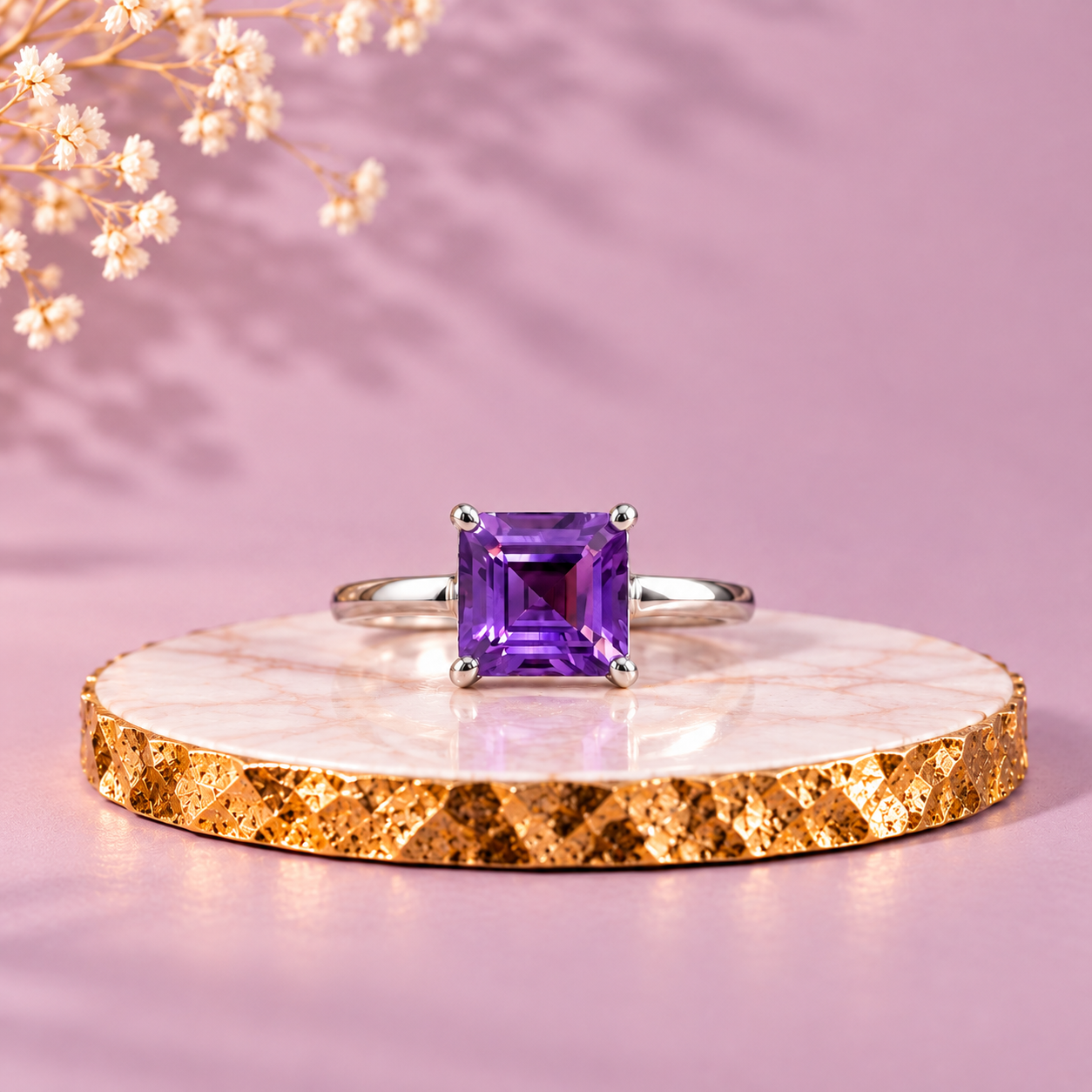 Amethyst Crystal 92.5 Sterling Silver Square Solitaire Ring