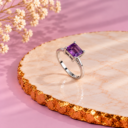 Amethyst Crystal 92.5 Sterling Silver Square Solitaire Ring