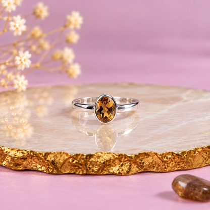 Citrine Crystal 92.5 Sterling Silver Ring for Abundance