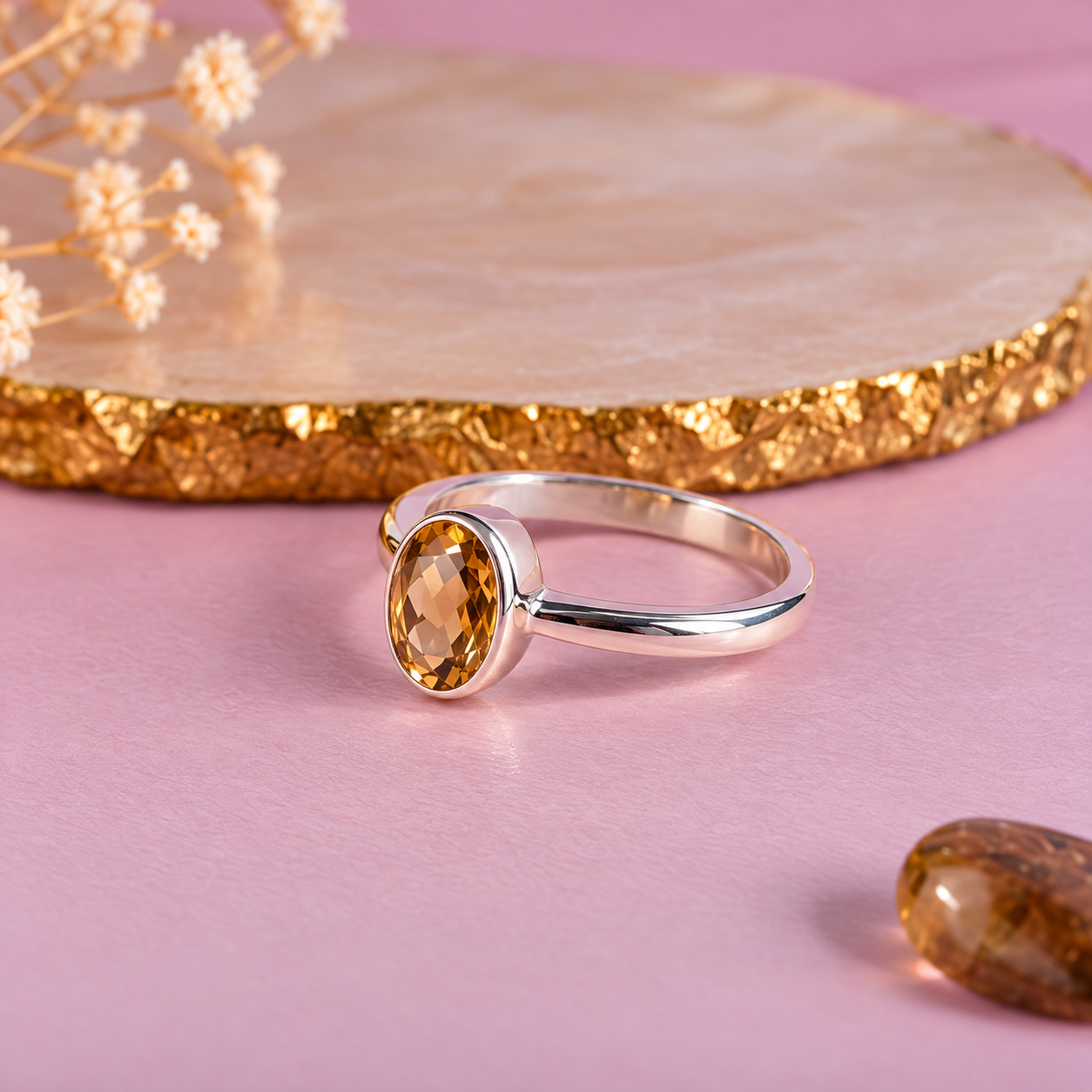 Citrine Crystal 92.5 Sterling Silver Ring for Abundance